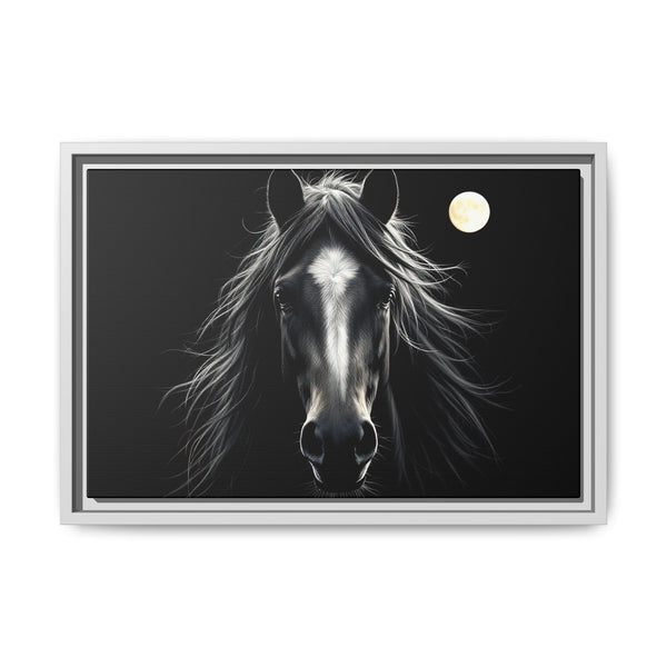Framed canvas wall art of a black horse with full moon, light gray frame