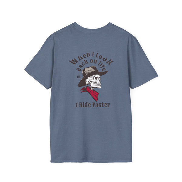 Dark gray graphic T-shirt with skull cowboy hat and “Ride Faster” text on front