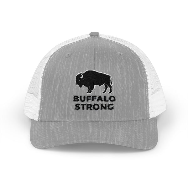 Heather grey western trucker hat with white mesh sides, Buffalo Strong logo