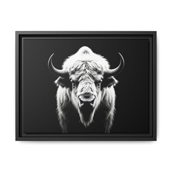 Framed bison art print with white-and-black bull portrait, black frame