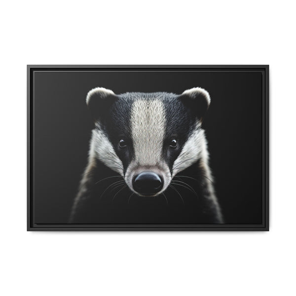 Framed western canvas wall art of a badger face, black inner border