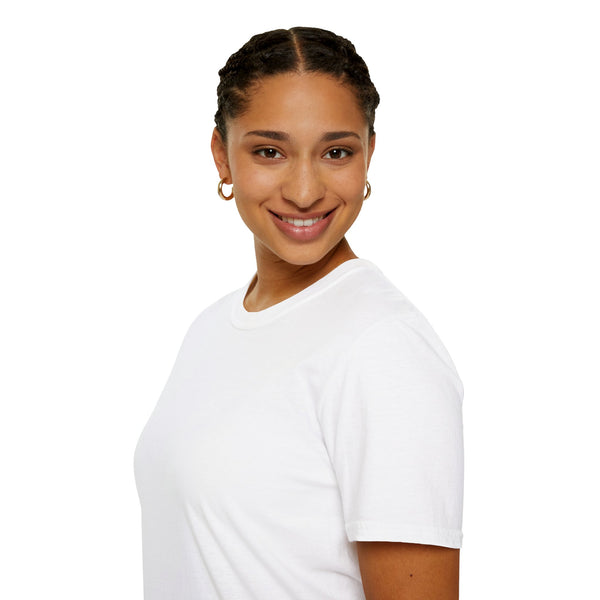 White crewneck T-shirt with short sleeves, plain front.