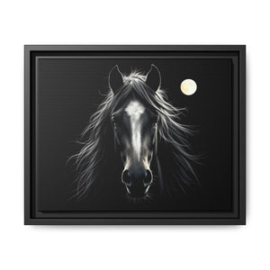 Black framed canvas art: monochrome horse head with bright moon