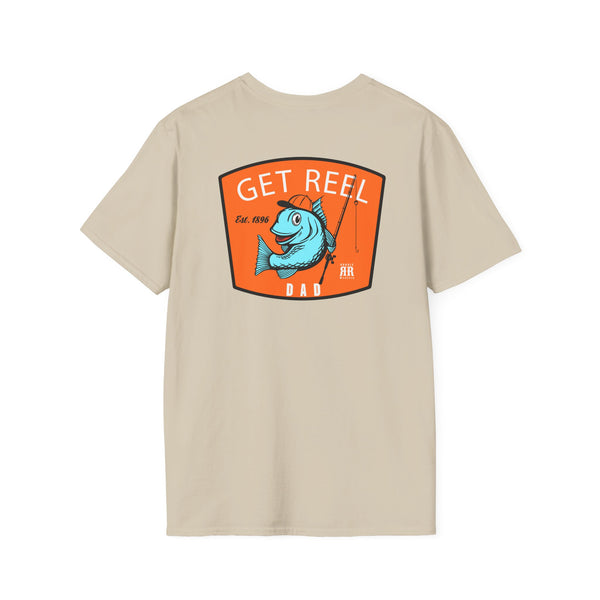 Beige western graphic T-shirt with “GET REEL DAD” back print