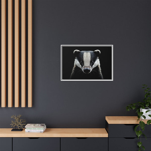 Framed wall canvas art featuring a small badger portrait, white frame