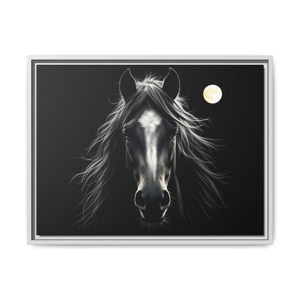Framed canvas art of a black-and-white horse head with moon, light gray frame