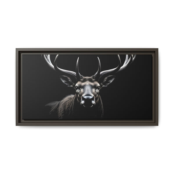 Framed western canvas art showing elk head with raised antlers in monochrome
