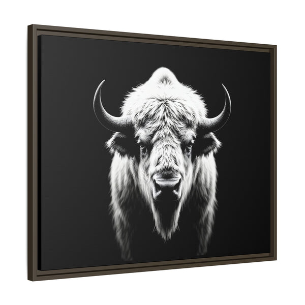 Framed bison head wall art with white-and-black portrait on dark background, dark frame