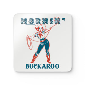 Square cork coaster with retro cowgirl graphic and “BUCKAROO” text