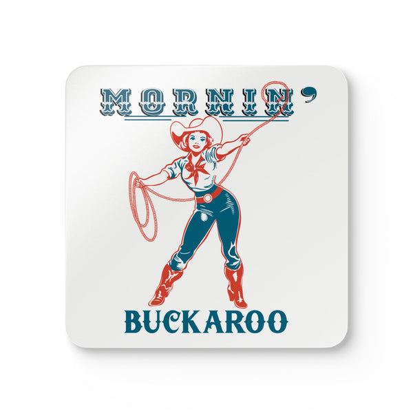 Square cork coaster with retro cowgirl graphic and “BUCKAROO” text