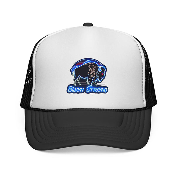 Trucker hat with white front panel, black brim, black mesh sides, bison logo embroidery