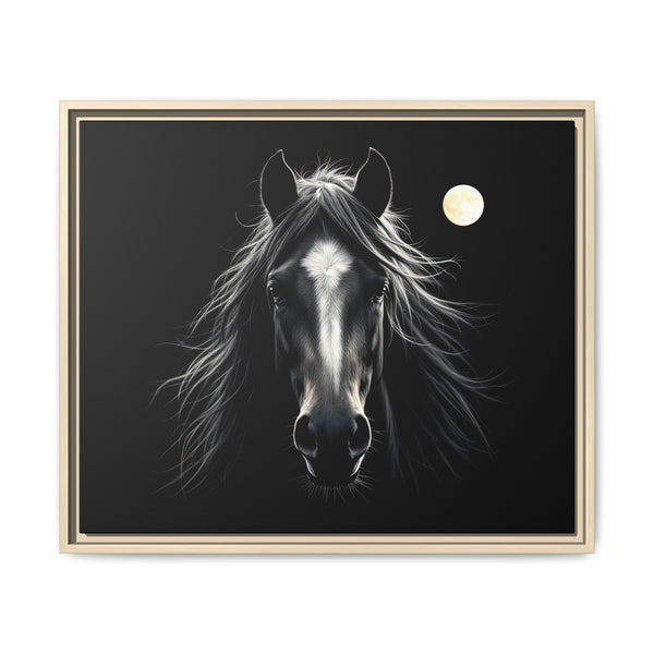 Framed western canvas art of a black-and-white horse with a glowing moon