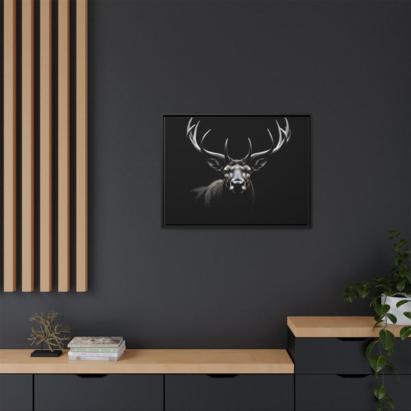 Framed western canvas art with elk face and tall antlers in dark negative space