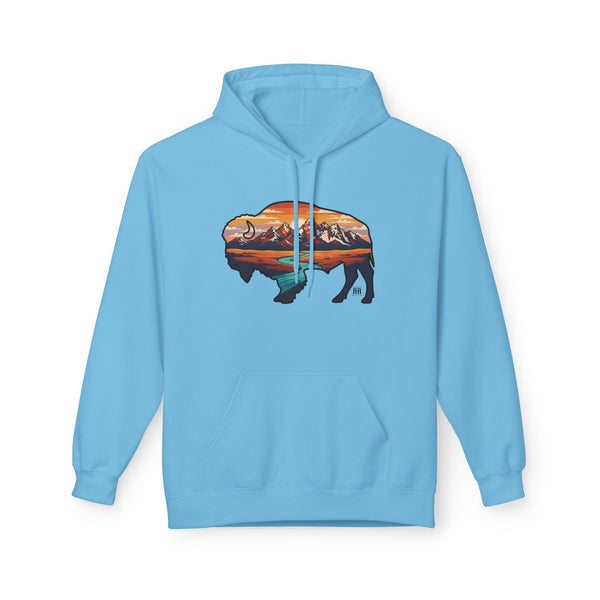 Sky blue western hoodie with front scenic graphic, kangaroo pocket, pullover hood