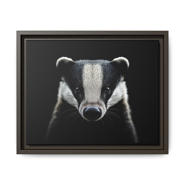 Framed western canvas wall art of a badger face, espresso brown frame