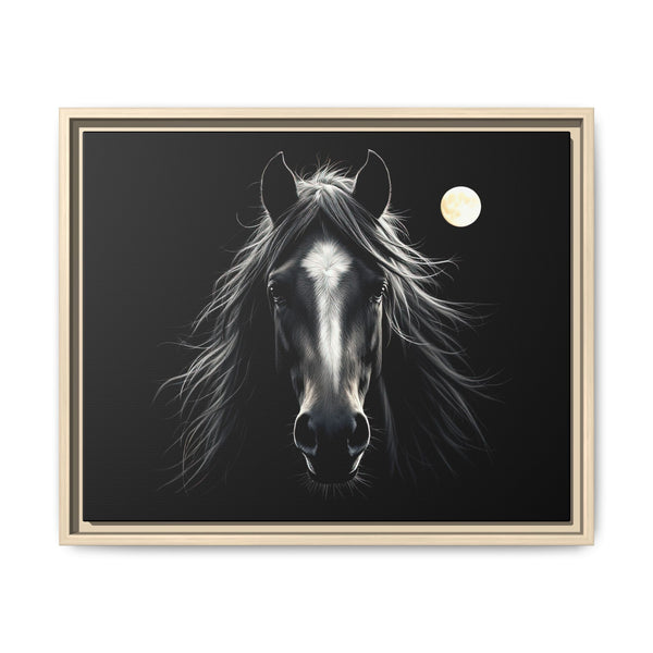 Framed western horse wall art showing black-and-white horse head and moon; tan frame