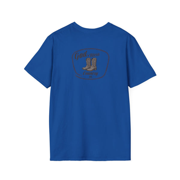 Royal blue heavy cotton T-shirt with “God Bless Country” circular chest graphic