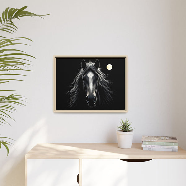 Small framed western canvas art featuring a black-and-white horse head and moon