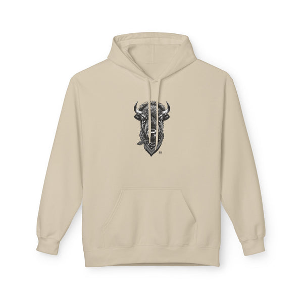 Sand pullover hoodie with front bison graphic, kangaroo pocket, and drawstring hood
