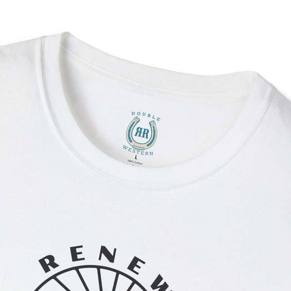 White crew neck T-shirt neckline with small logo label patch