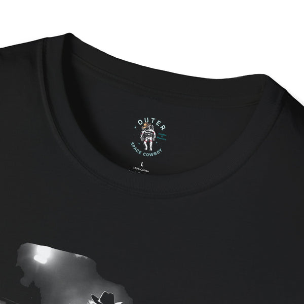 Black tee collar with small logo and partial cowboy-on-horse graphic print.