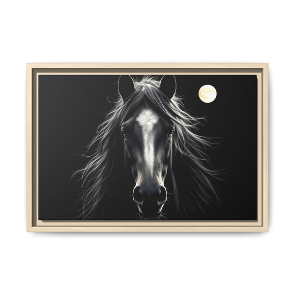 Framed western horse portrait on dark canvas with glowing moon; beige outer frame