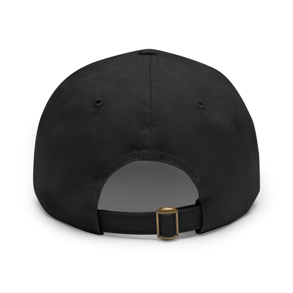 Black dad hat back view with adjustable strap and metal buckle