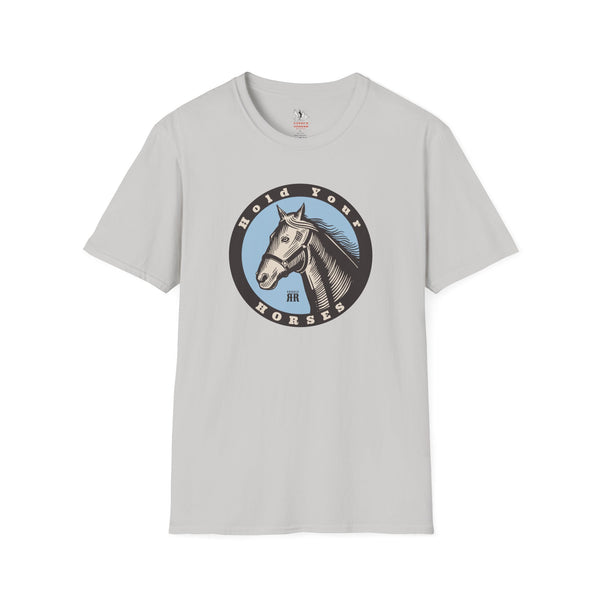 Light gray women’s western T-shirt with round horse emblem graphic on the front