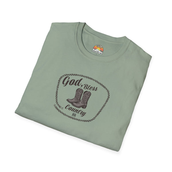 Sage green western T-shirt with God Bless Country oval boot graphic, crewneck