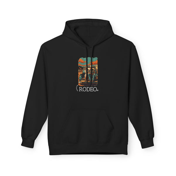 Black western wear hoodie with hood and kangaroo pocket, Rodeo graphic on chest.