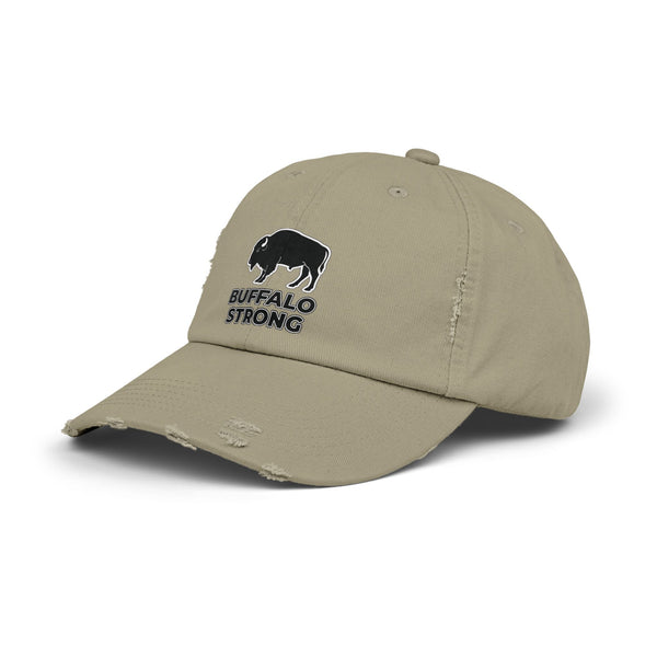 Light olive distressed dad hat with buffalo graphic on front