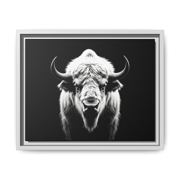 Framed bison art print with bull portrait, light gray frame