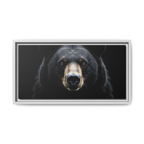 Framed canvas bear portrait with dark gray frame, close-up bear head