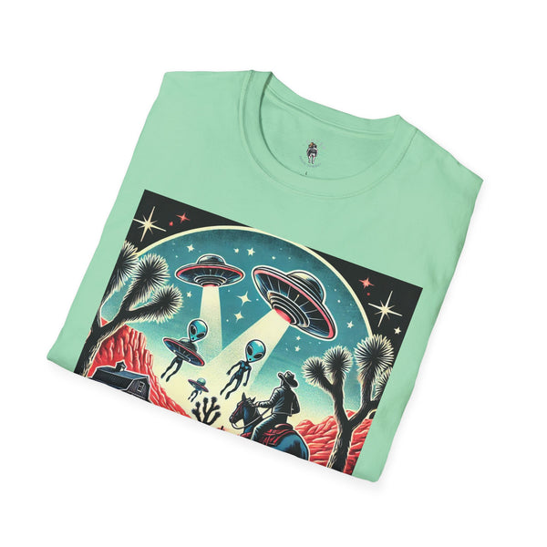 Mint green T-shirt with large western sci-fi graphic featuring cowboys, aliens, and stars