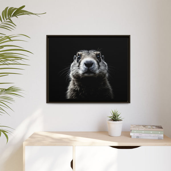 Framed prairie dog canvas wall art with black background and close-up face
