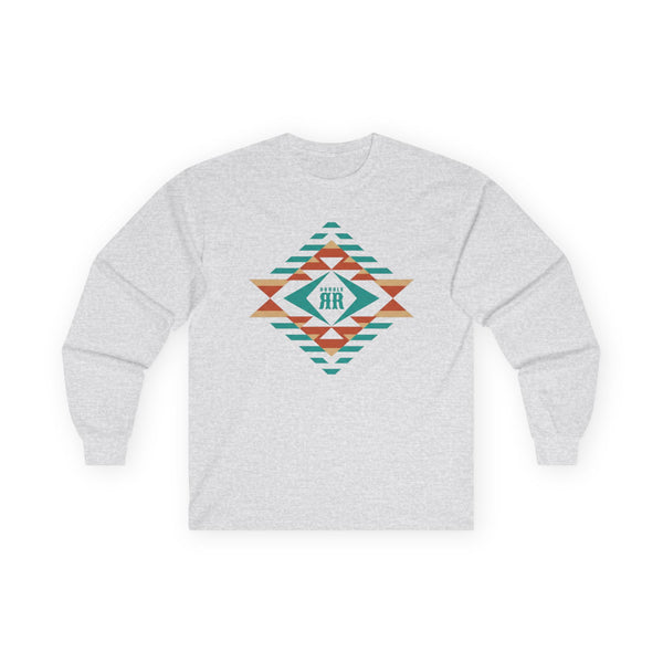 Ash gray long sleeve western tee with multicolor geometric diamond graphic on chest