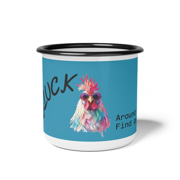 Blue enamel camp mug with black rim, white bottom, and colorful chicken graphic