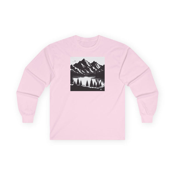 Light pink long sleeve T-shirt with mountain and pine landscape graphic on front