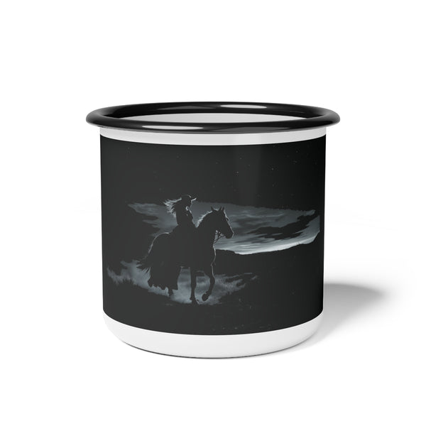 Black enamel camp mug with black rim, horse rider graphic, white base