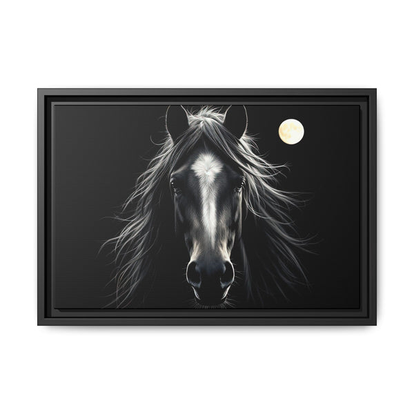 Framed canvas wall art of a black horse with full moon, dark charcoal frame