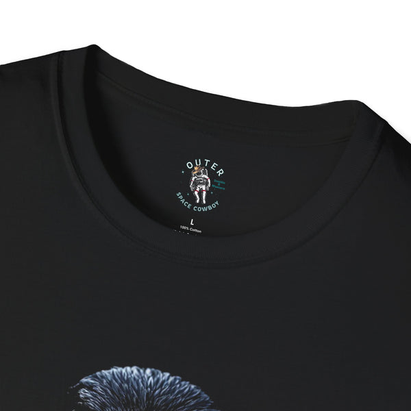 Black crewneck tee close-up of chest print and neck label