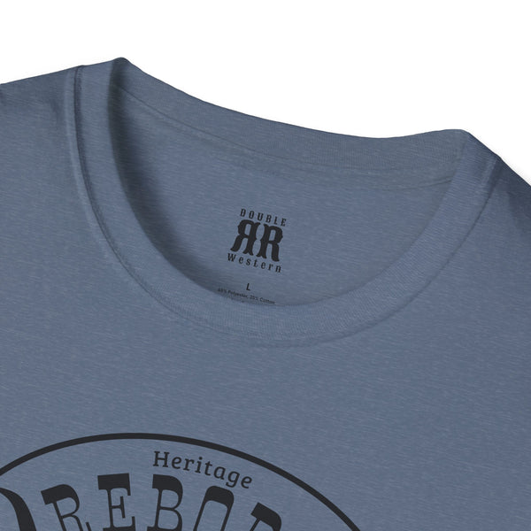 Heather slate blue comfort tee with REBORN Western neck logo detail