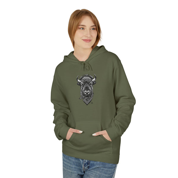 Bison graphic western wear hoodie, military green, front view with kangaroo pocket