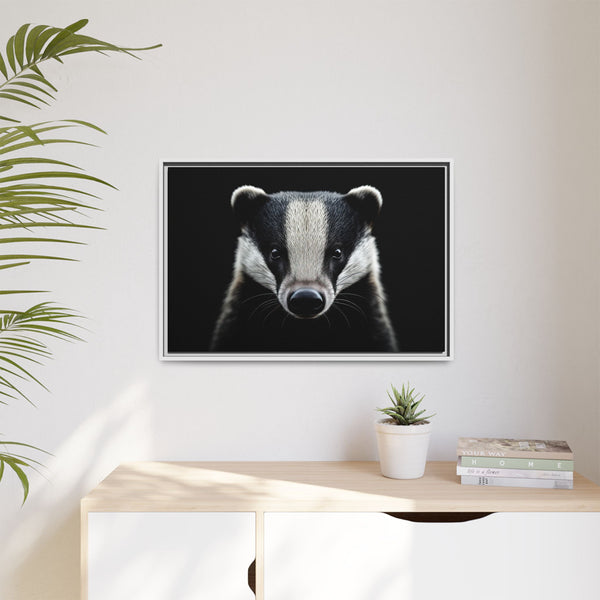 Framed wall canvas art featuring a centered badger face, white frame