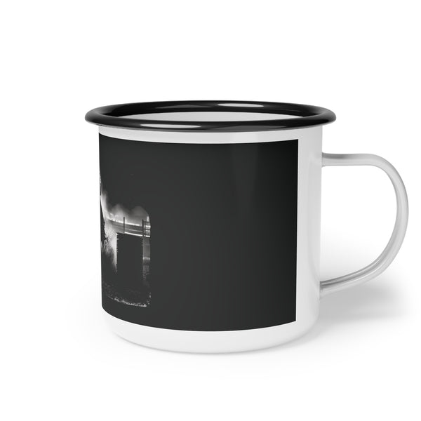Enamel camp mug, side view, barrel racer graphic on black body