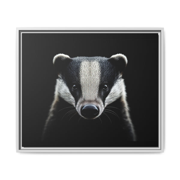 Framed canvas wall art featuring a badger face, silver frame.
