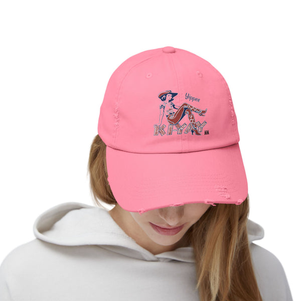 Yippie Ki-Yay Western Wear Distressed Dad Hat in True Pink, front design detail
