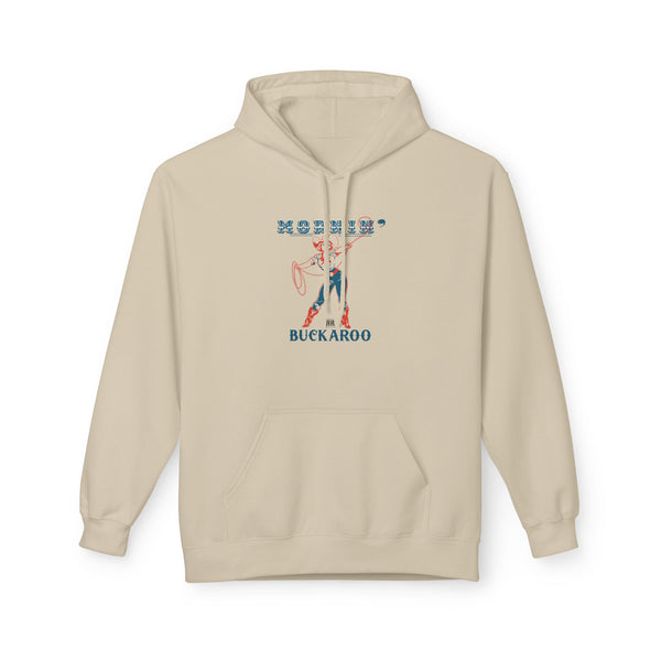 Sand-colored women’s western hoodie, front pocket, hood, western graphic on chest