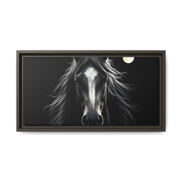 Framed western horse wall art showing a black-and-white horse face and moon; dark frame