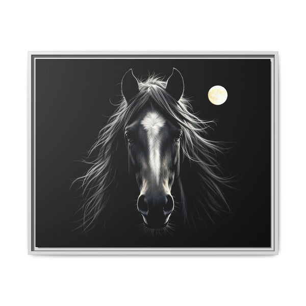 Framed canvas wall art of a black horse with full moon, light gray frame